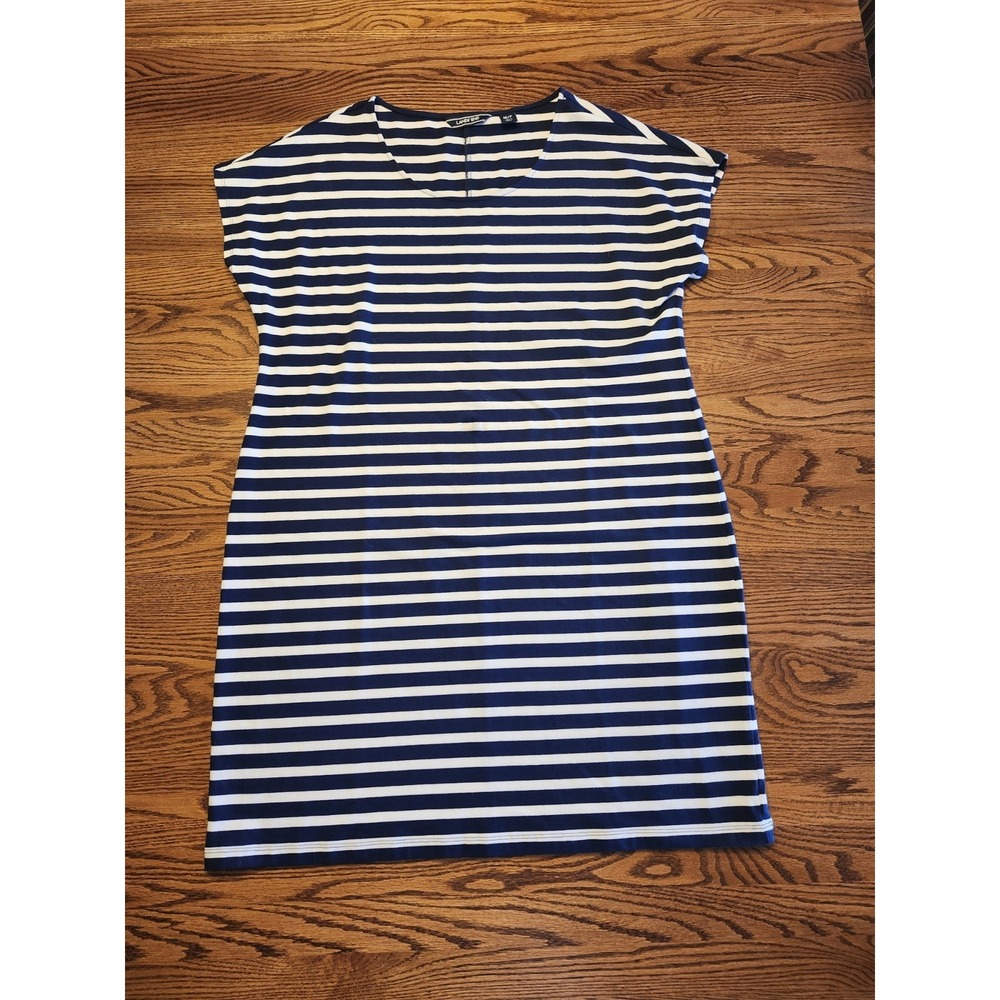 Lands' End Womens Navy Blue & White Striped Knit Dress Sz Med Petite 10-12 Pima